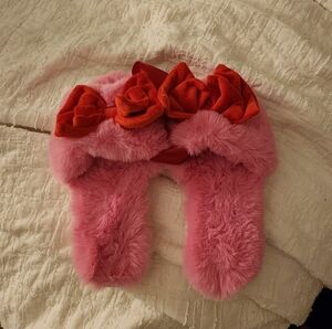 Pink Fuzzy Holiday Red Bow Slippers